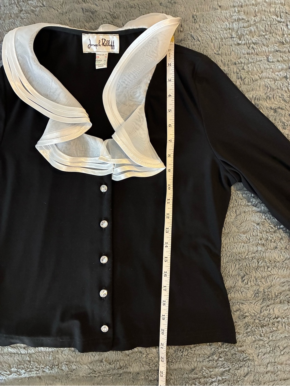 Joseph Ribkoff Black Blouse with White Ruffle Collar and Cuffs - Picture 11 of 11